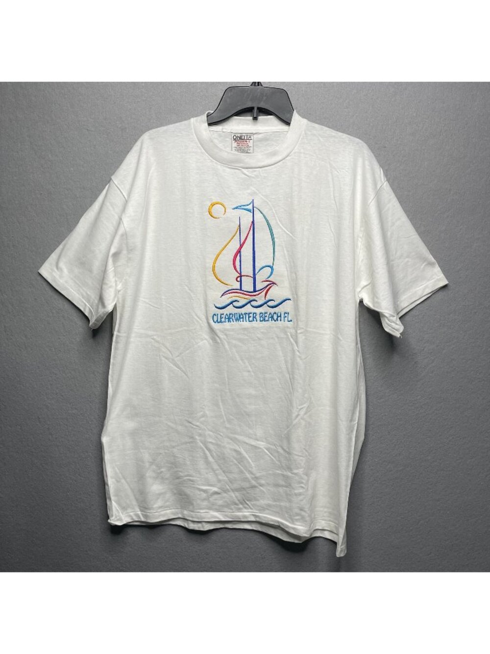 Vintage Clearwater Beach FL Sailboat Embroidered White Oneita Single Stitch L